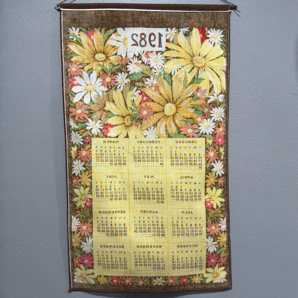Vintage 1982 Floral Calendar Tea Towel Wall Hanging Farmhouse Kitchen Decor Gift